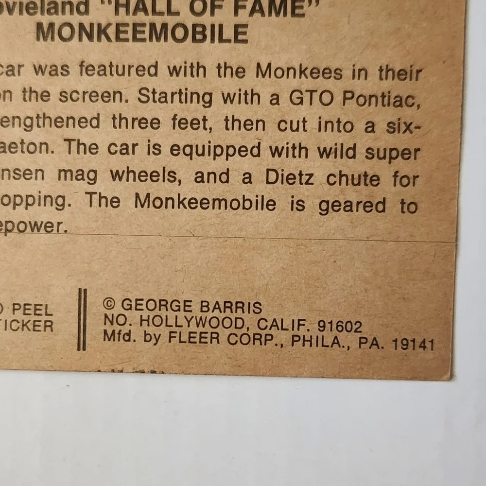 Vintage 1974 Fleer Movieland Hall of Fame Sticker - 1966 Monkeemobile